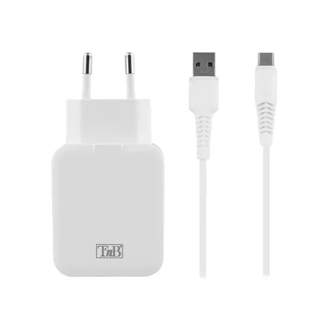 Încărcător pentru telefon TNB, 2.4 A, cablu USB-C, alb, USB Type-C, USB Type-A, lungime 1 m