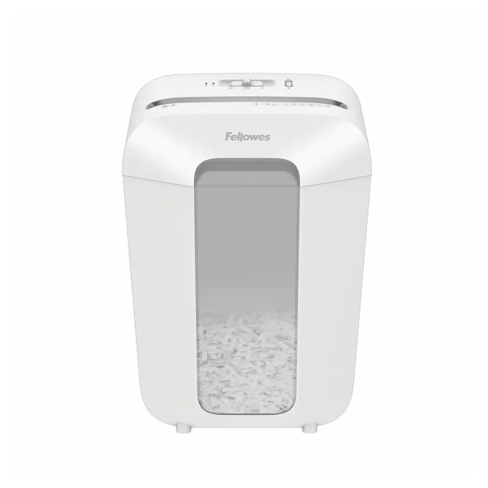 Distrugător de documente Fellowes Powershred LX70, tăiere transversală, alb, P-4, volum coș 18 L, timp de funcționare 5 min