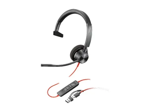 Căști HP Poly Blackwire 3310, cu cablu 2,15 m, cu microfon, adaptor USB Type-C/Type-A, USB Type-C/USB Type-A, 118 dB