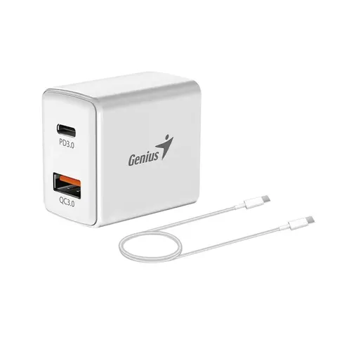 Încărcător Genius PD-20ACP, USB Type-C + USB Type-A, 20 W, cu cablu Type-C, alb