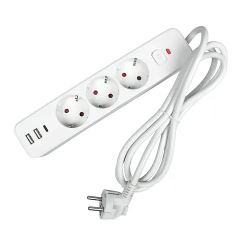 Prelungitor Office 1, Schuko, 3 prize, cablu 1.8 m, 2 USB Type-A, 1 USB Type-C, cu întrerupător, alb