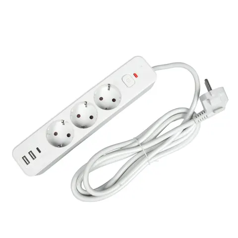 Prelungitor Office 1, Schuko, 3 prize, cablu 3 m, 2 USB Type-A, 1 USB Type-C, cu întrerupător, alb