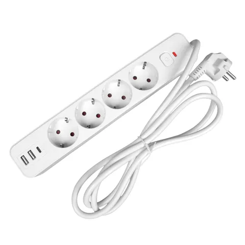 Prelungitor Office 1, Schuko, 4 prize, cablu 3 m, 2 USB Type-A, 1 USB Type-C, cu comutator, alb