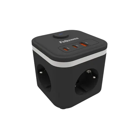 Prelungitor Fellowes Ampra Power Cube, Schuko, 3 prize, 1 USB Tip-A, 2 USB Tip-C, Negru