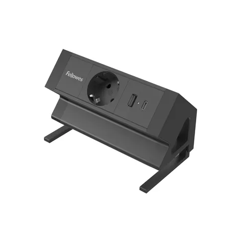 Prelungitor Fellowes Ampra Power Desk, Schuko, 1 priză, 1 USB Tip-A, 1 USB Tip-C, negru
