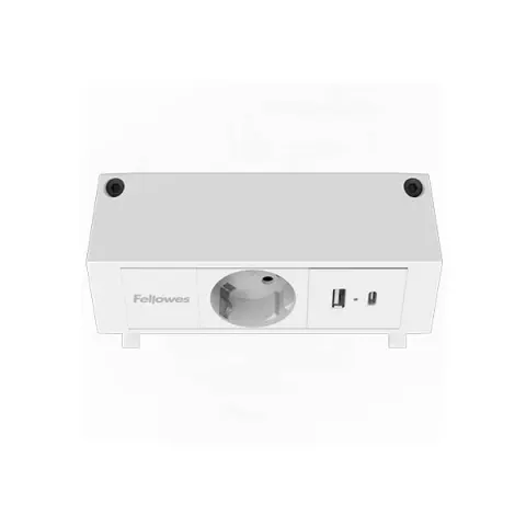 Prelungitor Fellowes Ampra Power Desk, Schuko, 1 priză, 1 USB Tip-A, 1 USB Tip-C, alb