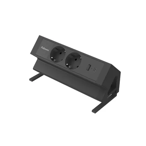 Prelungitor Fellowes Ampra Power Desk, Schuko, 2 prize, 1 USB Tip-A, 1 USB Tip-C, negru