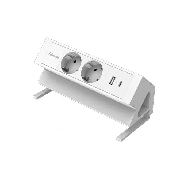 Prelungitor Fellowes Ampra Power Desk, Schuko, 2 prize, 1 USB Tip-A, 1 USB Tip-C, alb