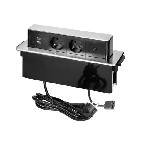 Cutie mobilier Orno, pentru instalație, 2xP+E, USB Type-A+C, HDMI, negru