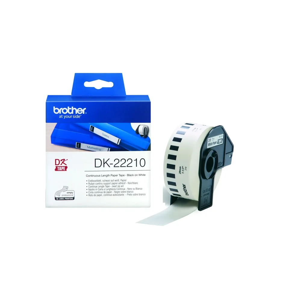Bandă de hârtie continuă Brother DK22210, 29 mm × 30.48 m, albă