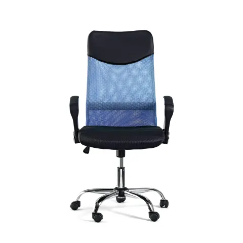 Scaun executiv Monti HB, material textil, piele ecologică și plasă, șezut negru, spătar bleu deschis