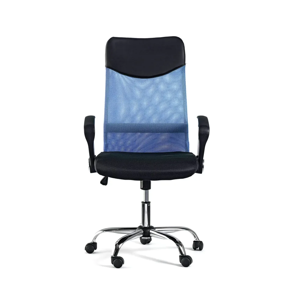 Scaun executiv Monti HB, material textil, piele ecologică și plasă, șezut negru, spătar bleu deschis