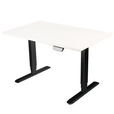Birou electric ergonomic RFG, 160 x 80 x 62-128 cm, cu blat alb și picioare metalice negre
