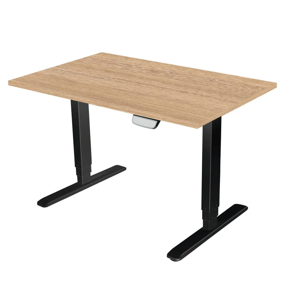 Birou electric ergonomic RFG, 160 x 80 x 62-128 cm, blat din stejar chihlimbar și picioare metalice negre