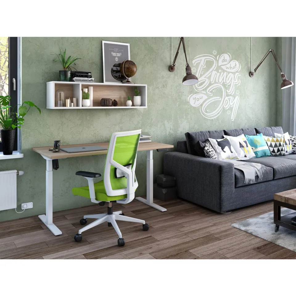 Birou reglabil pe înălțime RFG Light Pro, electric, 1400 x 700 x 710–1190 mm, melamină stejar chihlimbar, metal alb