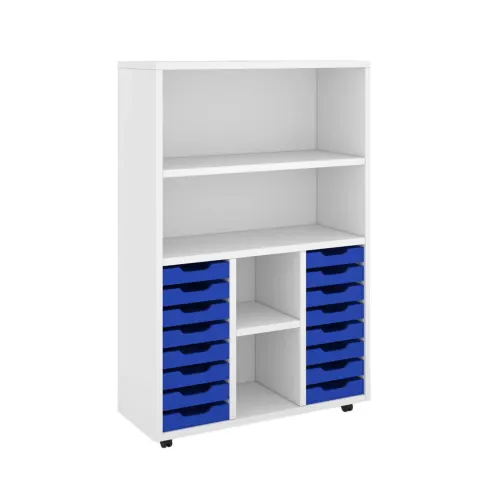 Unitate de rafturi RFG, cu 14 tăvi albastre din PP, 1040 x 400 x 1500 mm, albă