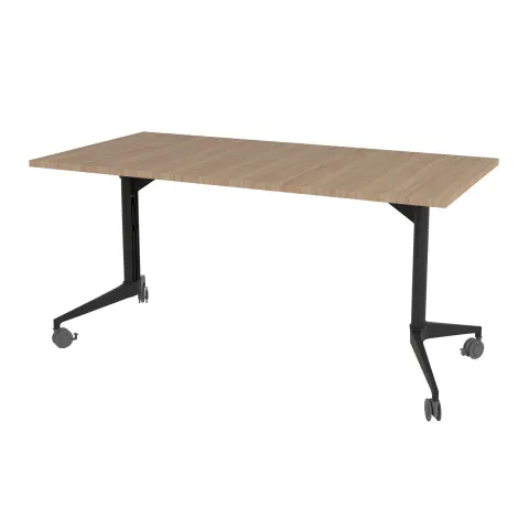 Masa Conferință Mobilă Pliabilă RFG Flip, 140 x 80 x 74 cm, blat stejar chihlimbar și picioare negre metalice