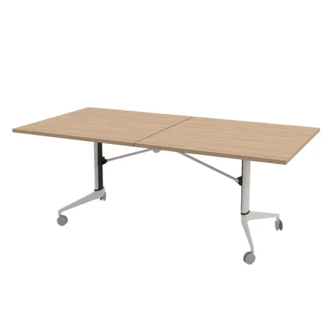 Masă de conferință mobilă pliabilă RFG Butterfly, 200 x 100 x 74 cm, blat stejar chihlimbar și picioare metalice albe