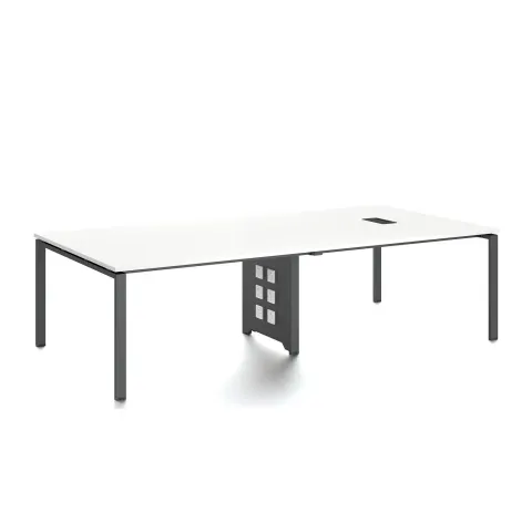 Masă de conferință RFG Monaco, 2800 x 1400 x 750 mm, PAL 25 mm, cu orificiu pentru cablu, blat alb, picioare metalice negre
