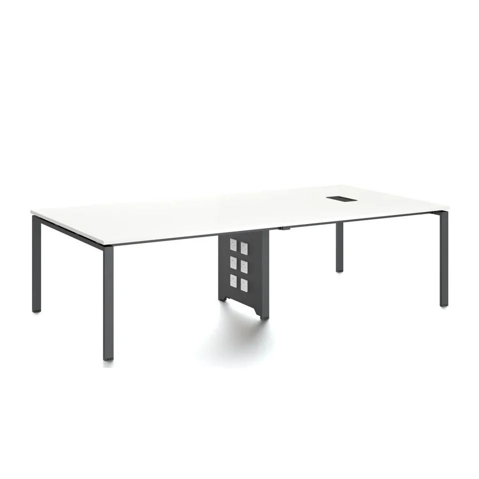 Masă de conferință RFG Monaco, 2800 x 1400 x 750 mm, PAL 25 mm, cu orificiu pentru cablu, blat alb, picioare metalice negre