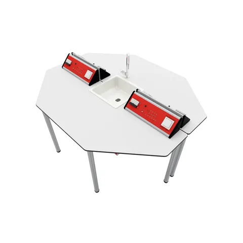 Birou student RFG Hexa, laborator, peste clasa a VII-a, 170 x 140 x 75 cm, roșu-alb, model asamblat