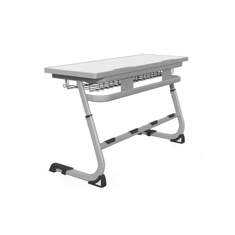 Birou ergonomic RFG Ergo School, reglabil pe înălțime, dublu, blat alb, metal gri, de la clasa I la XII
