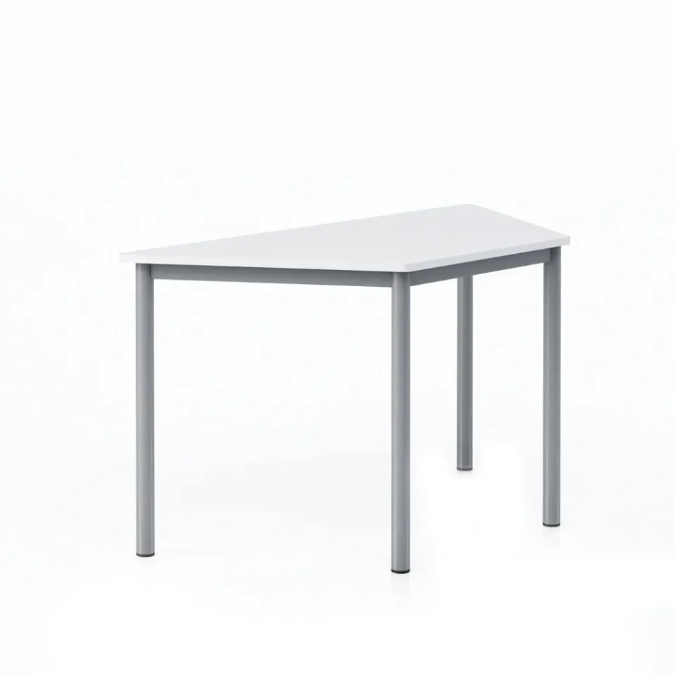 Birou modular trapezoidal pentru elevi RFG Trapez, peste clasa a 8-a, 1250 x 600 x 750 mm, blat din pal alb cu colțuri rotunjite, picioare metalice gri
