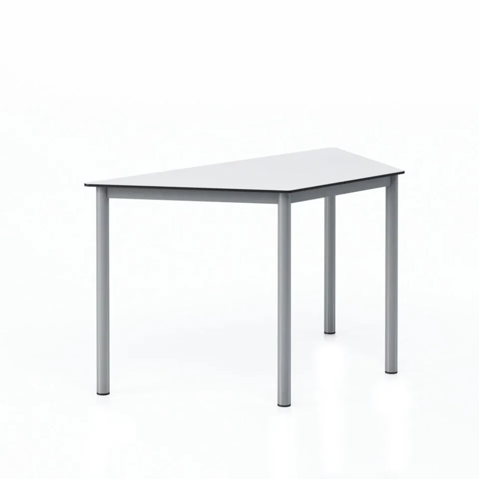 Birou modular trapezoidal pentru elevi RFG Trapez, peste clasa a 8-a, 1250 x 600 x 750 mm, HPL, blat alb cu colțuri rotunjite, picioare metalice gri