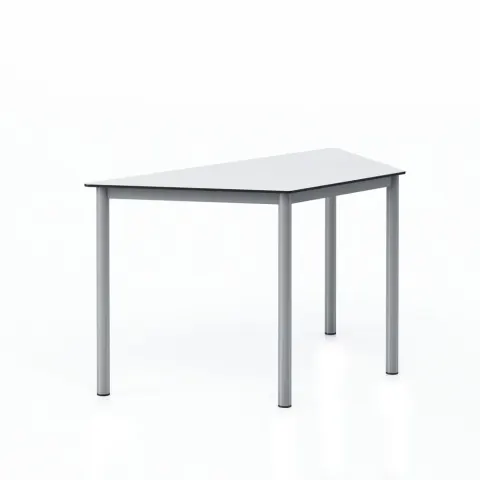 Birou modular trapezoidal pentru elevi RFG Trapez, peste clasa a 8-a, 1250 x 600 x 750 mm, HPL, blat alb cu colțuri rotunjite, picioare metalice gri