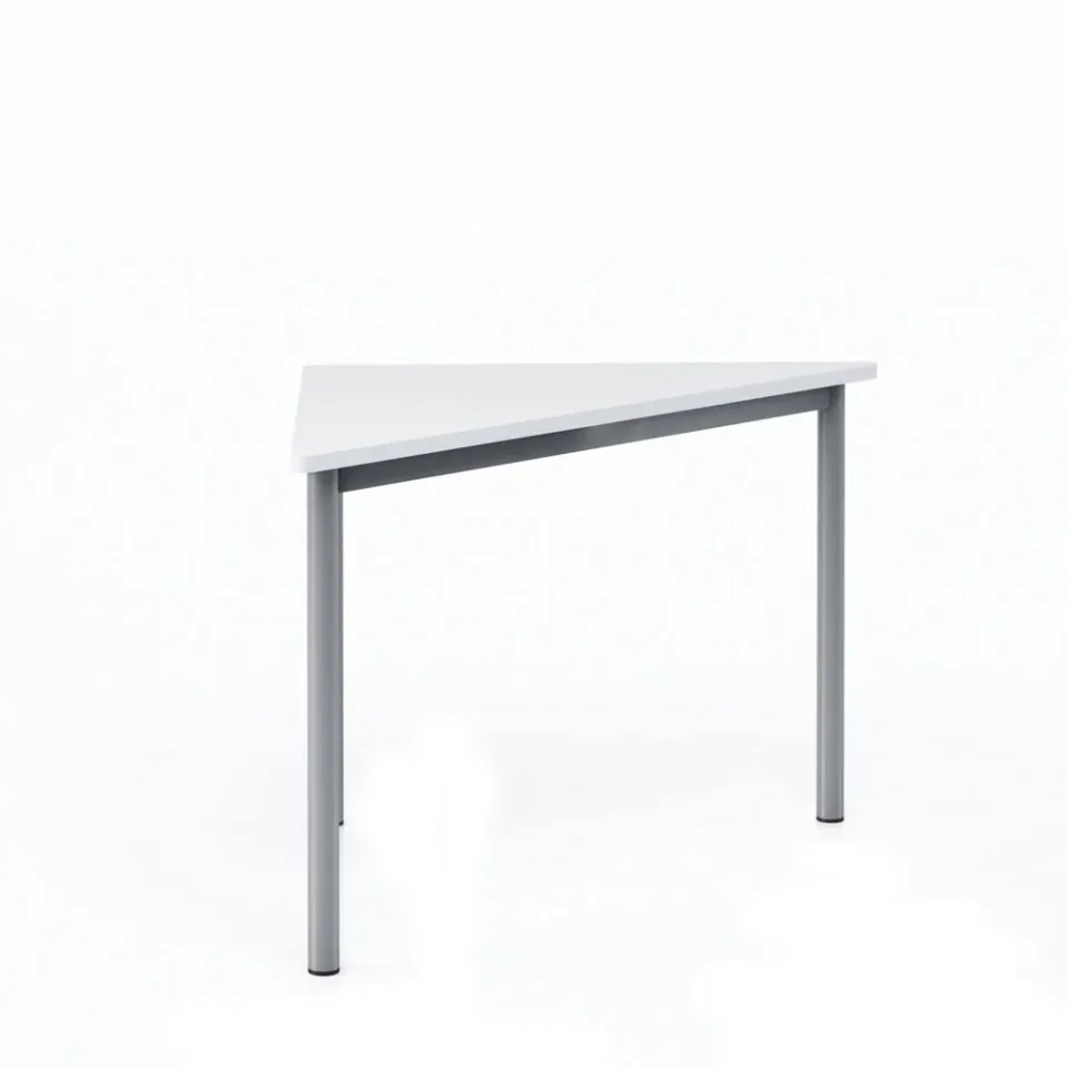 Birou școlar modular triunghiular RFG Trapez 45, peste clasa a VIII-a, 650 x 1250 x 750 mm, blat din PAL alb, picioare metalice gri