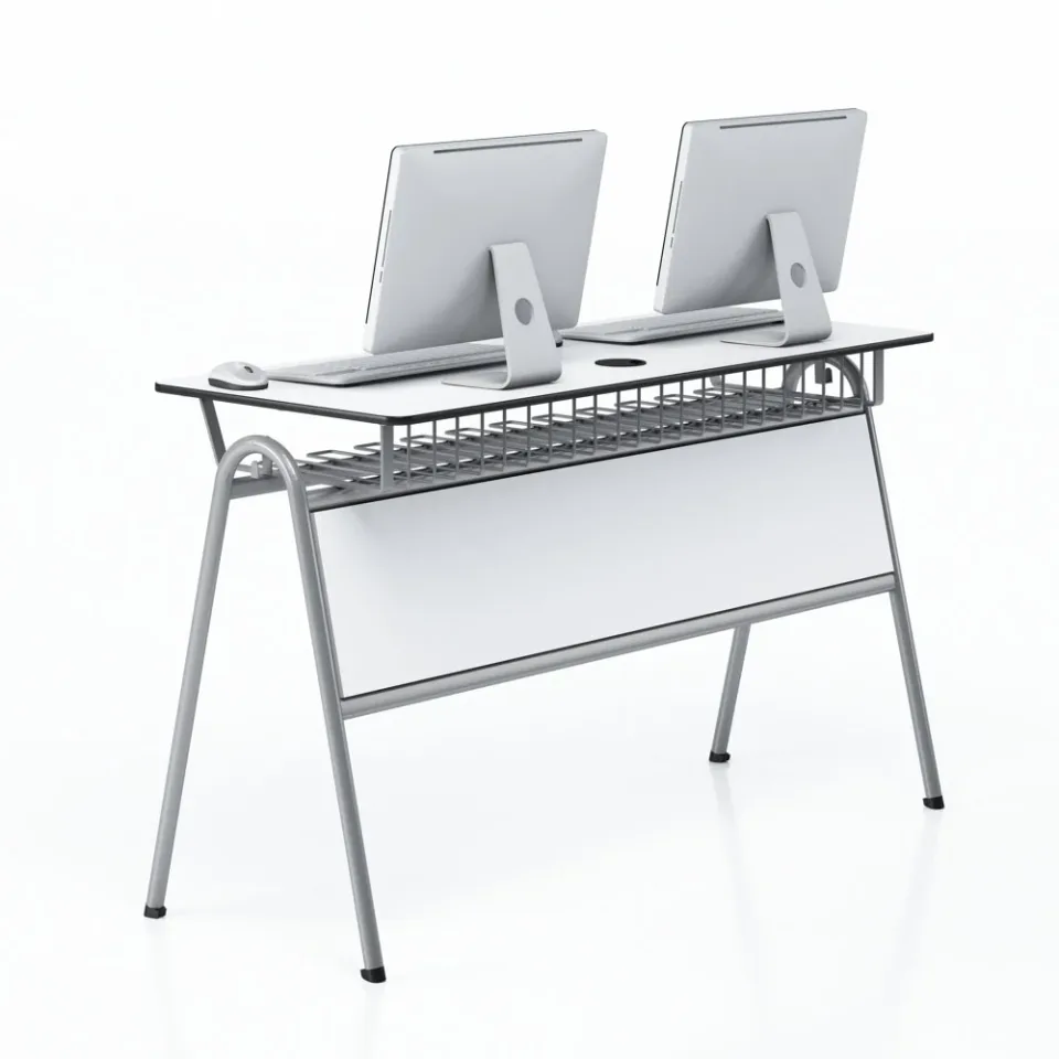 Birou computer RFG Letme, dublu, peste clasa a 8-a, 1450 x 500 x 750 mm, blat alb, metal gri