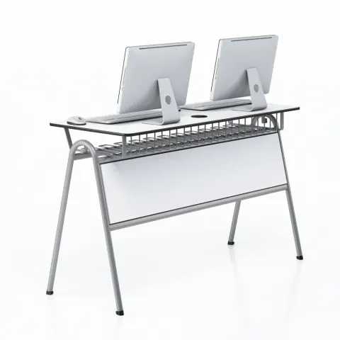 Birou computer RFG Letme, dublu, peste clasa a 8-a, 1450 x 500 x 750 mm, blat alb, metal gri