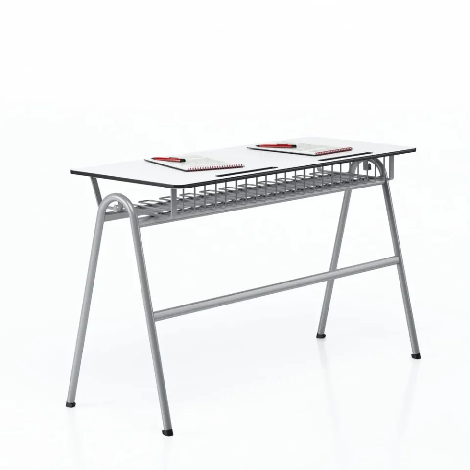 Birou școlar RFG Letme, dublu, peste clasa a VIII-a, 1100 x 500 x 750 mm, blat alb, metal gri