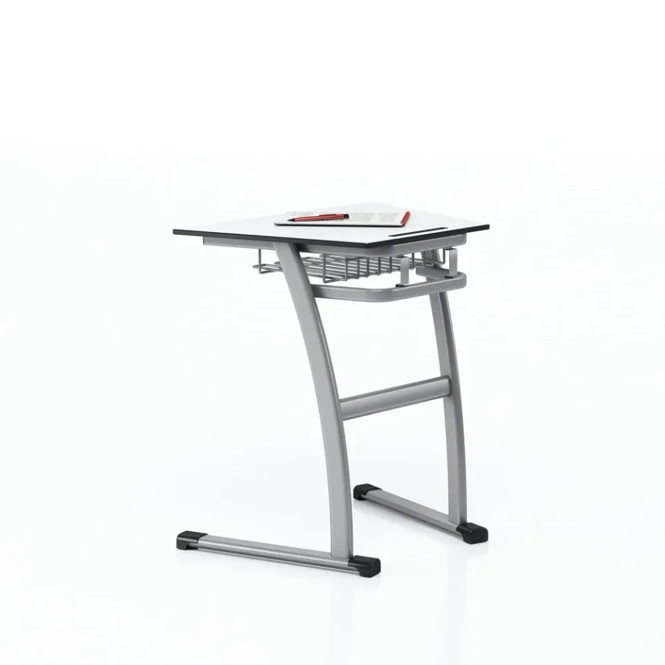 Birou școlar RFG Fila, individual, trapezoidal, 700 x 500 x 750 mm, blat alb, metal gri