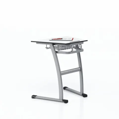 Birou școlar RFG Fila, individual, trapezoidal, 700 x 500 x 750 mm, blat alb, metal gri