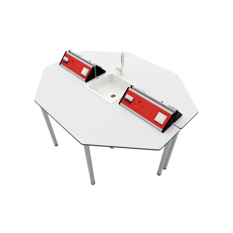 Masă de laborator de fizică RFG Hexa, peste clasa a VII-a, 1700 x 1400 x 750 mm, roșu-alb