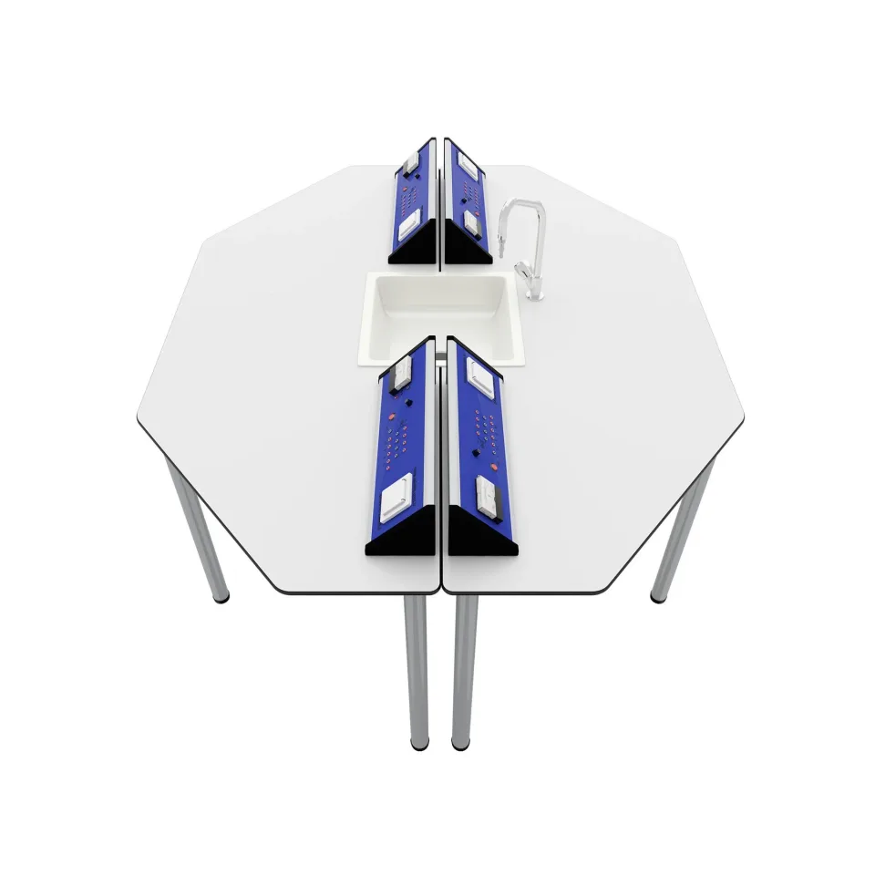 Birou pentru elevi RFG Hexa, laborator, peste clasa a VII-a, 170 x 140 x 75 cm, albastru-alb