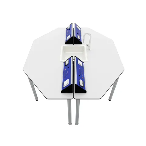 Birou pentru elevi RFG Hexa, laborator, peste clasa a VII-a, 170 x 140 x 75 cm, albastru-alb