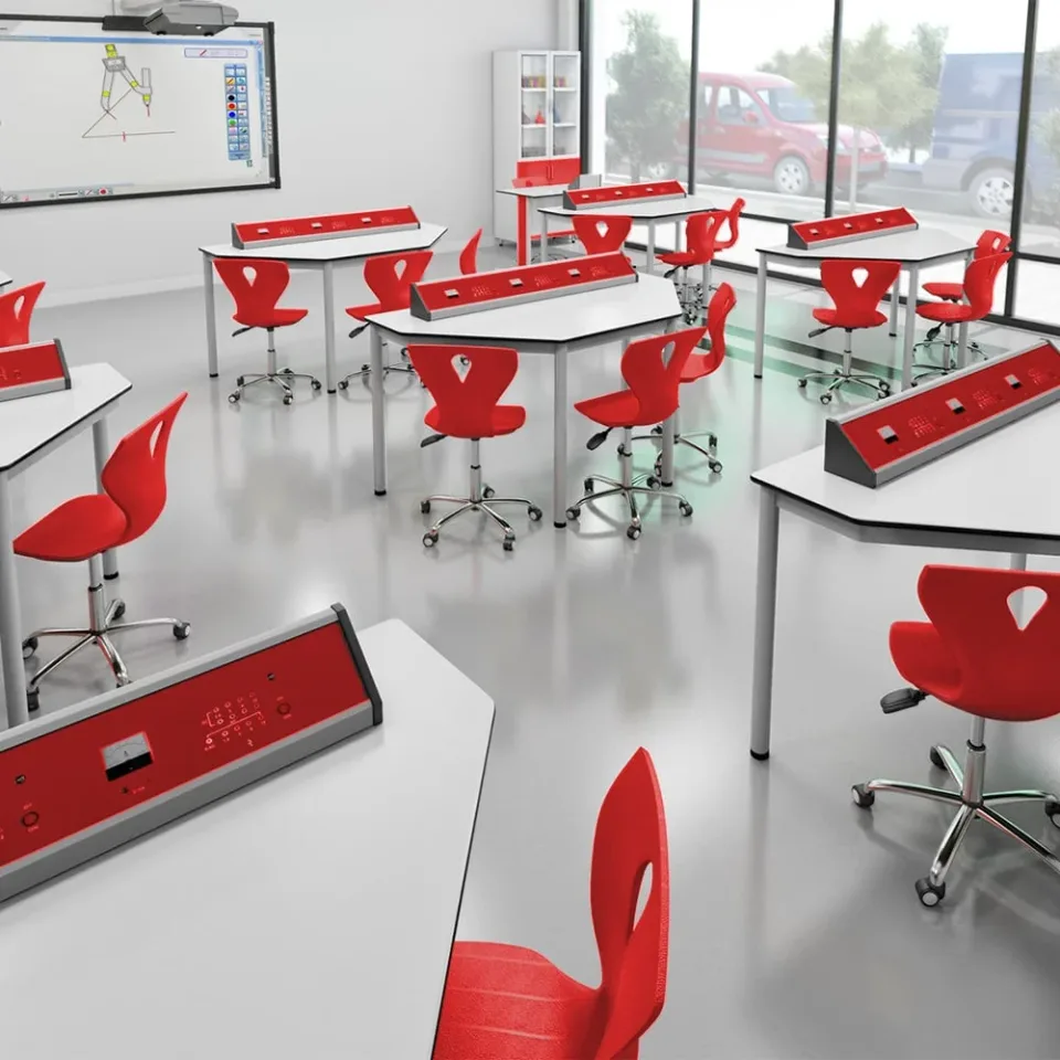 Set de mobilier pentru laboratorul de fizică RFG Quin, peste clasa a VII-a, pentru 24 de elevi, alb-roșu