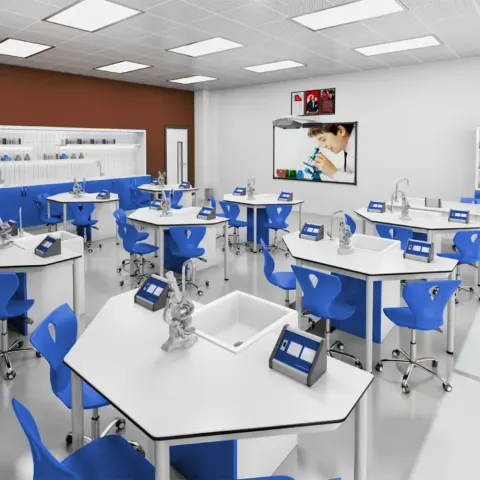 Set de mobilier pentru laboratorul de chimie și biologie RFG Quin, peste clasa a VII-a, pentru 24 de elevi, alb-albastru
