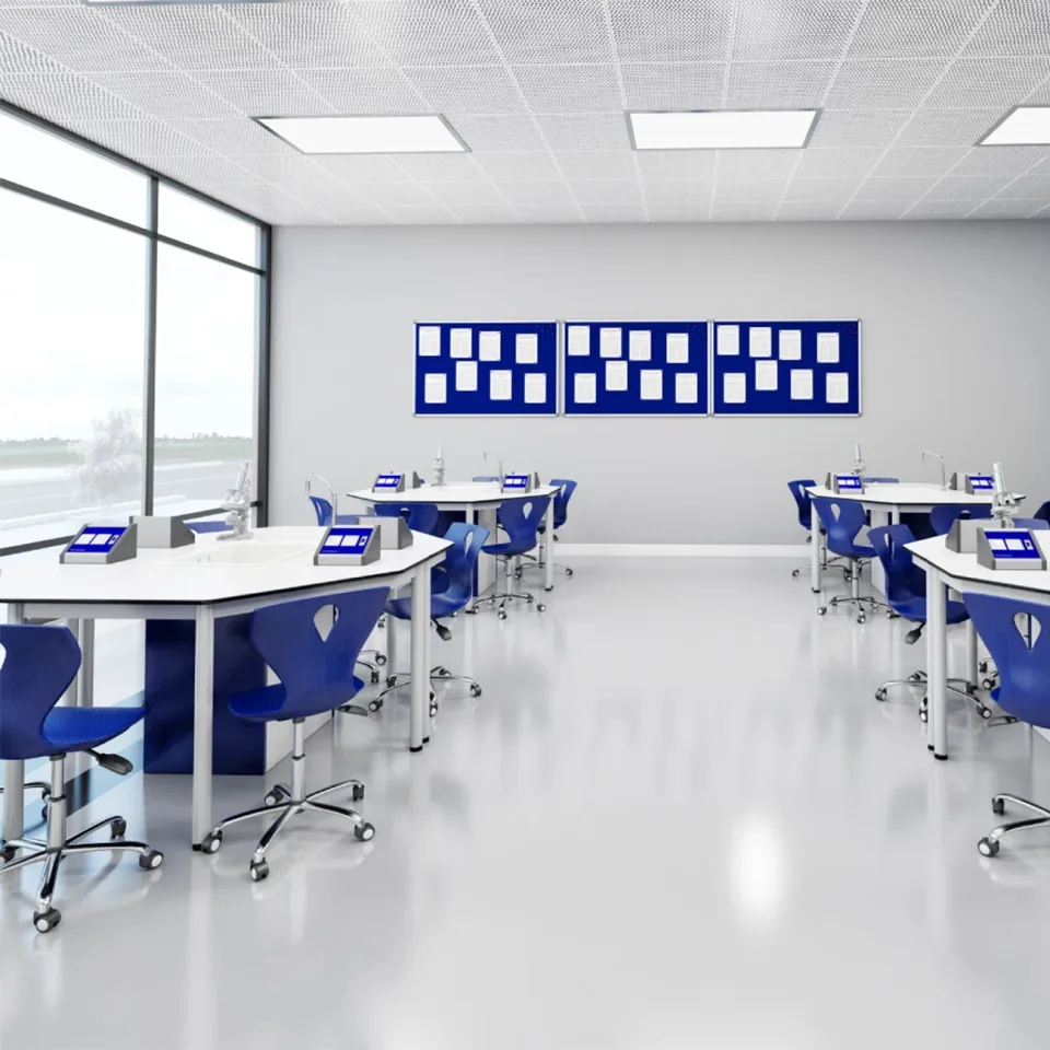 Set de mobilier pentru laboratorul de chimie și biologie RFG Hexa, peste clasa a VII-a, pentru 24 de elevi, alb-albastru