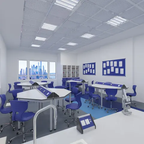 Set de mobilier pentru laboratorul de fizică RFG Hexa, peste clasa a VIII-a, pentru 24 de elevi, alb-albastru