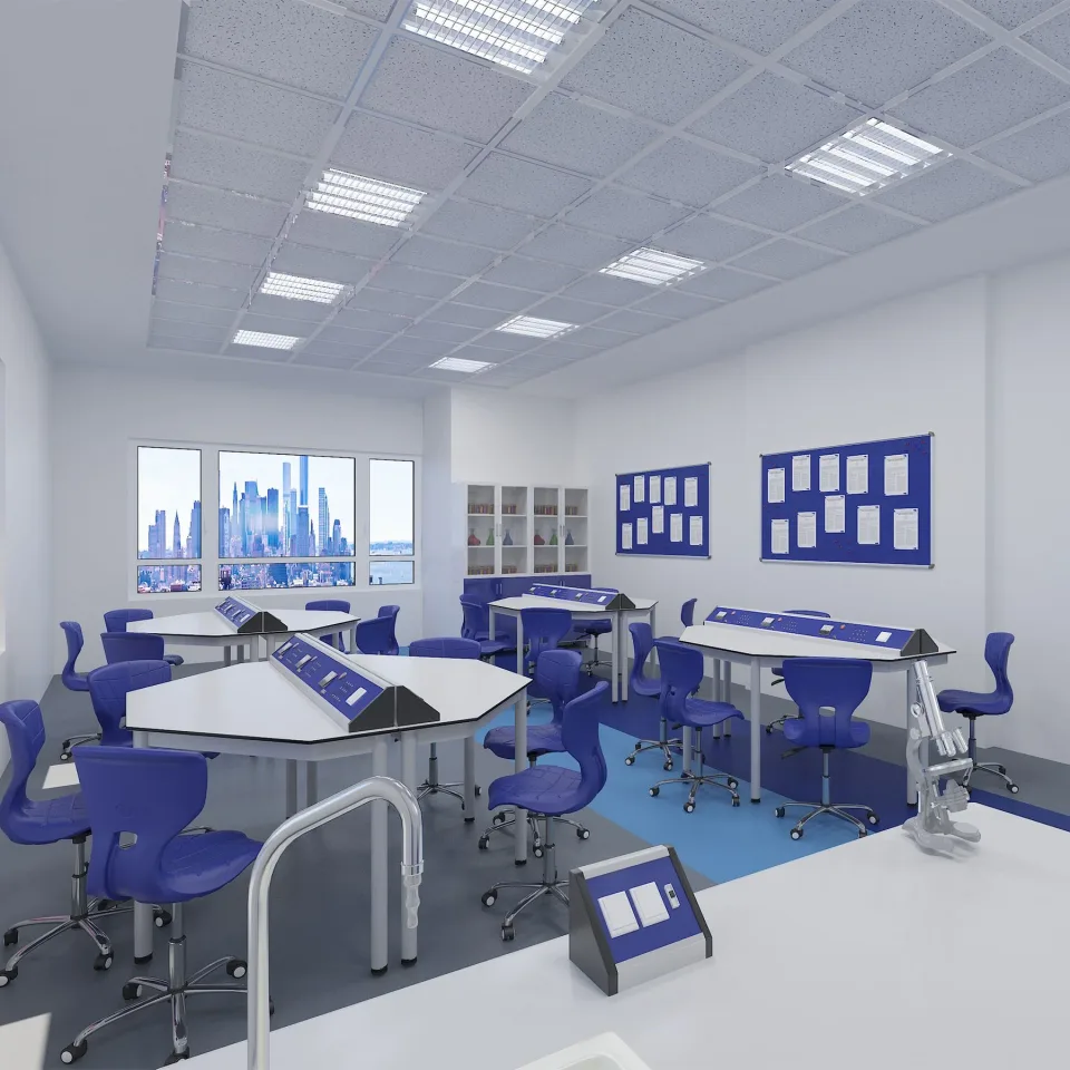 Set de mobilier pentru laboratorul de fizică RFG Hexa, peste clasa a VIII-a, pentru 24 de elevi, alb-albastru
