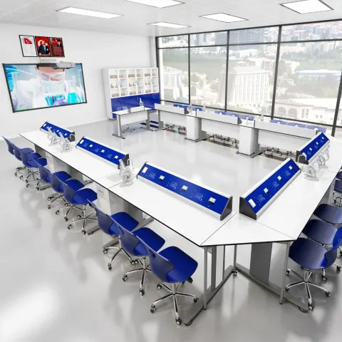 Set de mobilier pentru laboratorul de chimie și biologie RFG Flat, peste clasa a VII-a, pentru 24 de elevi, alb-albastru