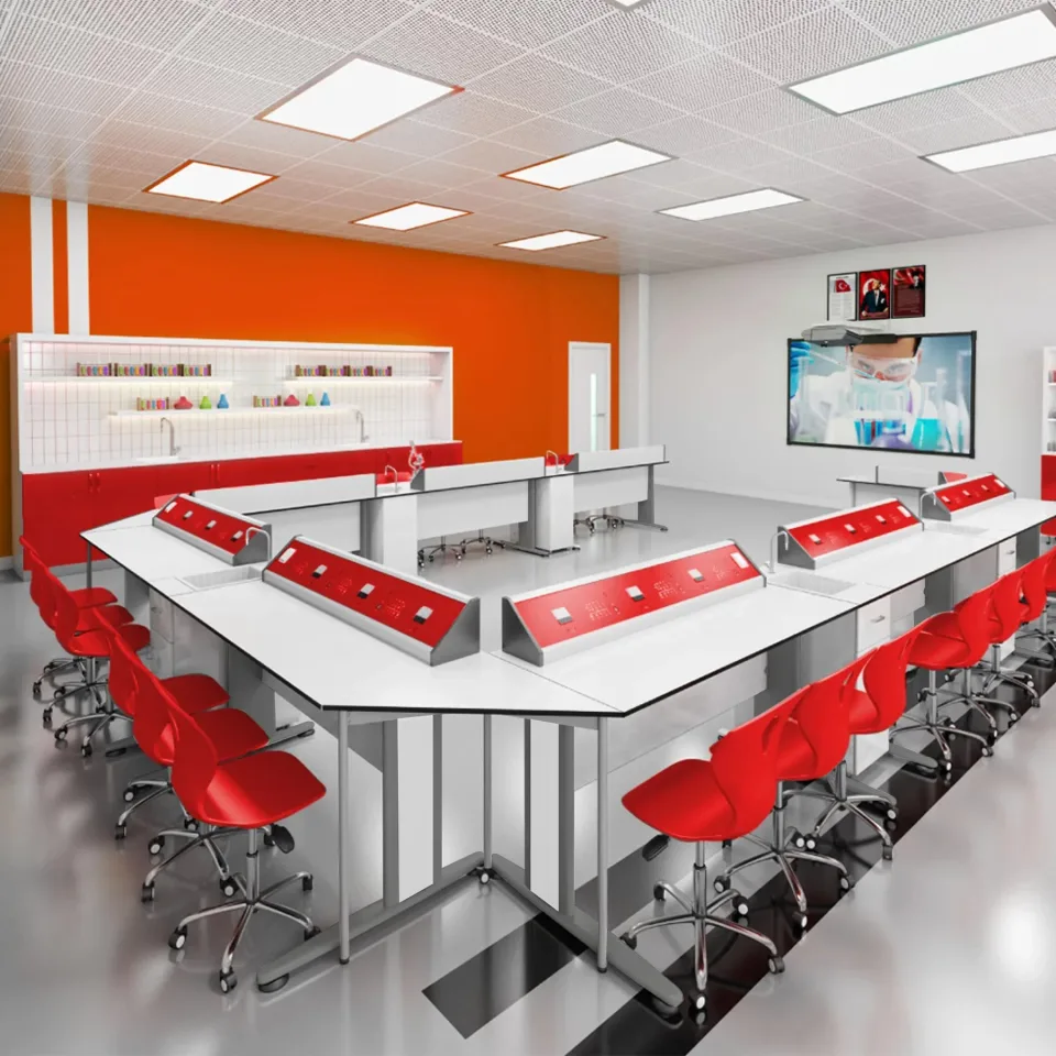 Set de mobilier pentru laboratorul de chimie și biologie RFG Flat, peste clasa a VII-a, pentru 24 de elevi, alb-roșu