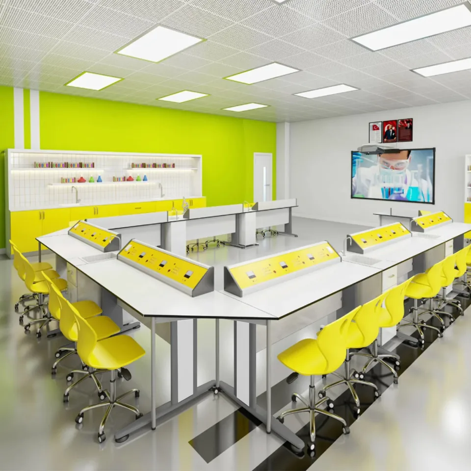 Set de mobilier pentru laboratorul de chimie și biologie RFG Flat, clasa a VII-a+, pentru 24 de elevi, alb-galben