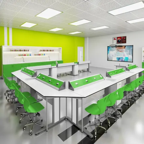 Set de mobilier pentru laboratorul de chimie și biologie RFG Flat, peste clasa a VII-a, pentru 24 de elevi, alb-verde