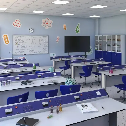 Set de mobilier pentru laboratorul de fizică RFG Flat, pentru clasele peste a VII-a, 24 de elevi, alb-albastru