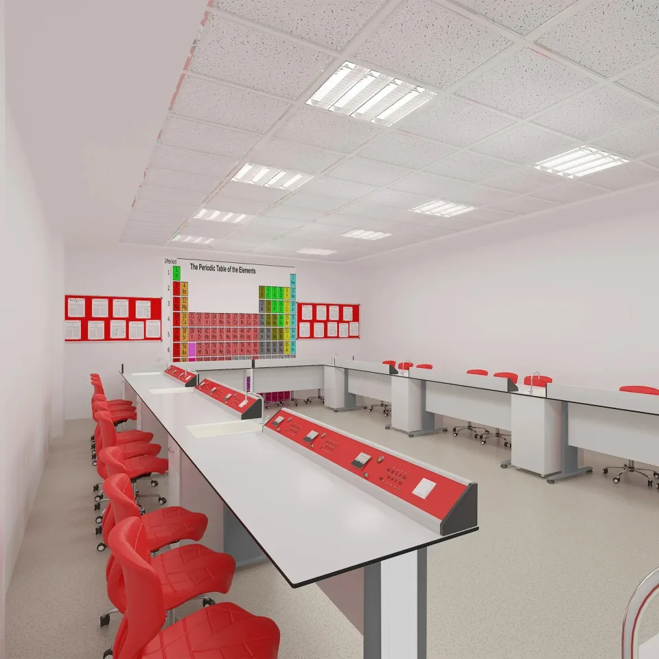 Set de mobilier pentru laboratorul de fizică RFG Flat, clasa a VIII-a+, pentru 24 de elevi, alb-roșu