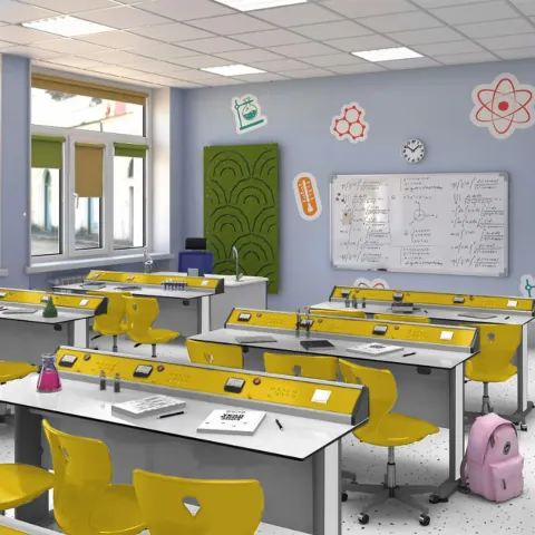 Set de mobilier pentru laboratorul de fizică RFG Flat, peste clasa a VII-a, pentru 24 de elevi, alb-galben